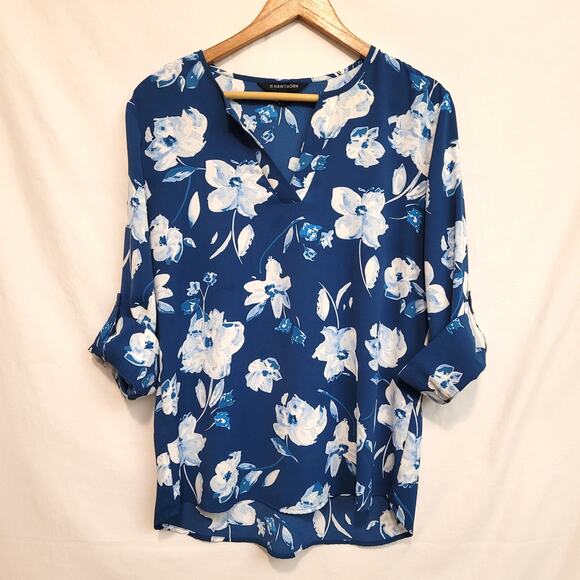 41 Hawthorn Blue White Floral Blouse Size Med Polyester Roll Sleeve Work Top - Picture 1 of 8